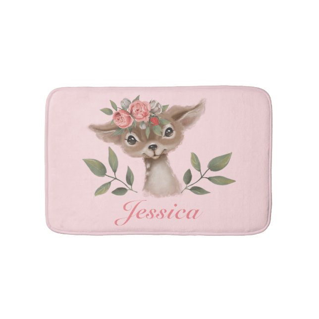Girly Pink Floral Deer Badematte (Vorderseite)