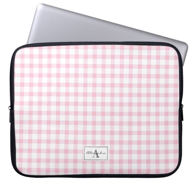 Girly Pink Gingham Kariert Checked Pattern Monogra Laptopschutzhülle (Vorderseite)