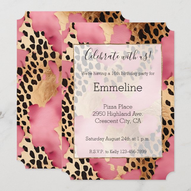 Girly Pink Glam Black Gold Leopard Einladung (Vorne/Hinten)