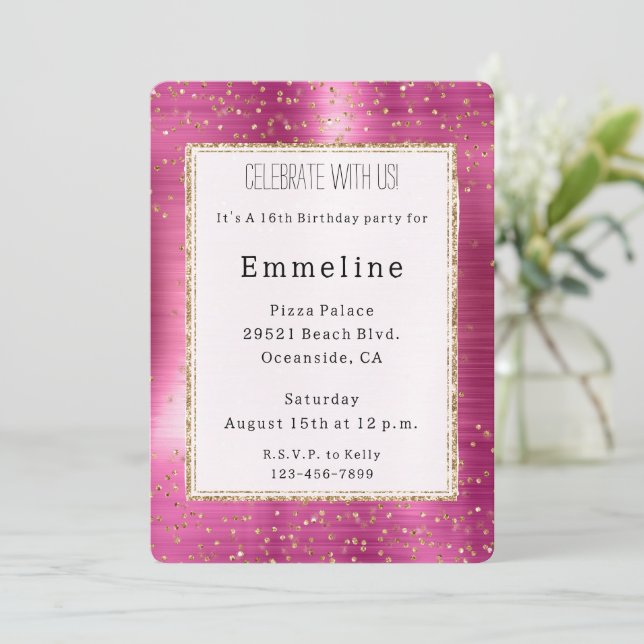Girly Pink Glam Gold Sparkle Confetti Geburtstag Einladung (Stehend Vorderseite)