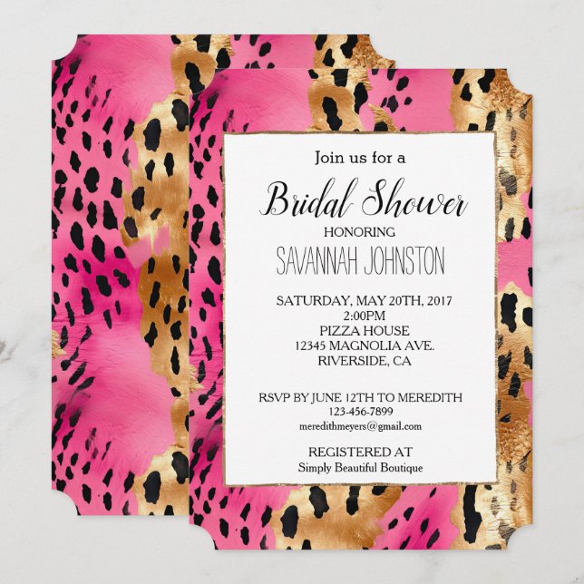 Girly Pink Glam Leopard Print Einladung (Vorne/Hinten)