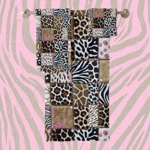 Girly Pink Glitter Afrikanischer Tierdruck Handtuc Badhandtuch Set