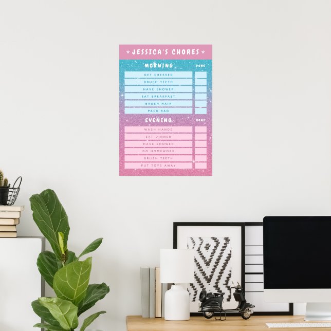 Girly Pink Glitter Kids Dry Erase Daily Chores  Poster (Heimbüro)