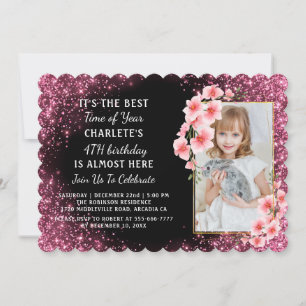 Girly Pink Glitter vierte Weihnachts-Geburtstagsfe Einladung