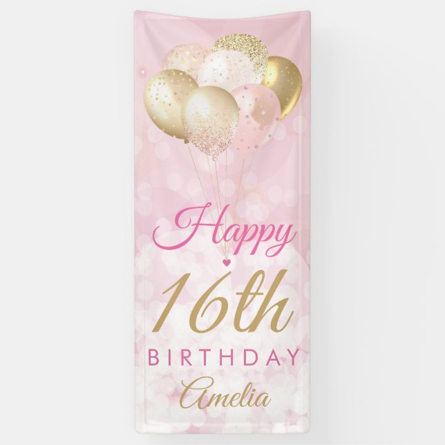 Girly Pink Glitzer Balloons 16. Geburtstag Banner (Vertikal)