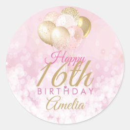 Girly Pink Glitzer Balloons 16. Geburtstag Runder Aufkleber