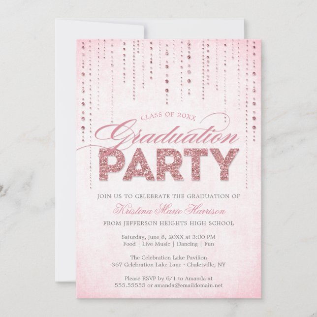 Girly Pink Glitzer Gems Graduation Party Einladung (Vorderseite)