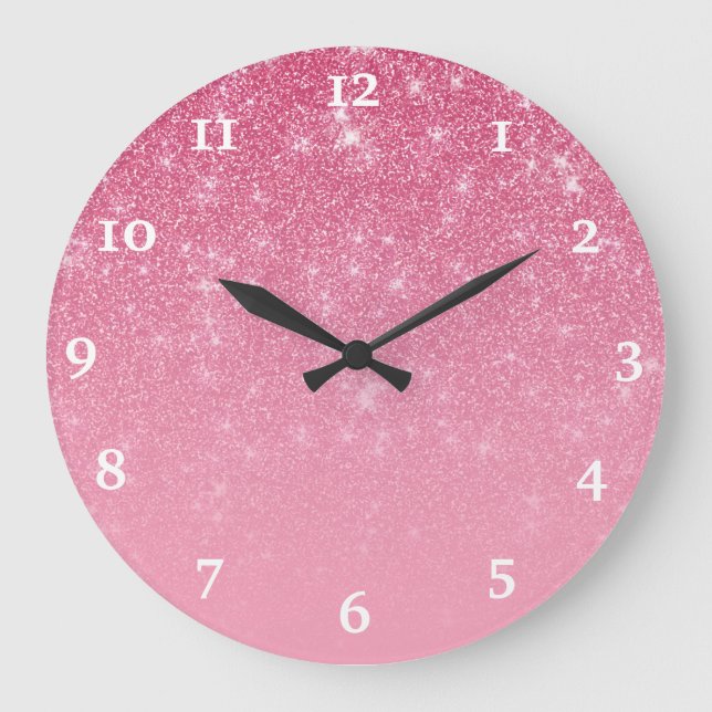 Girly Pink Glitzer Glam Chic Funkelnd Ombre Große Wanduhr (Vorderseite)