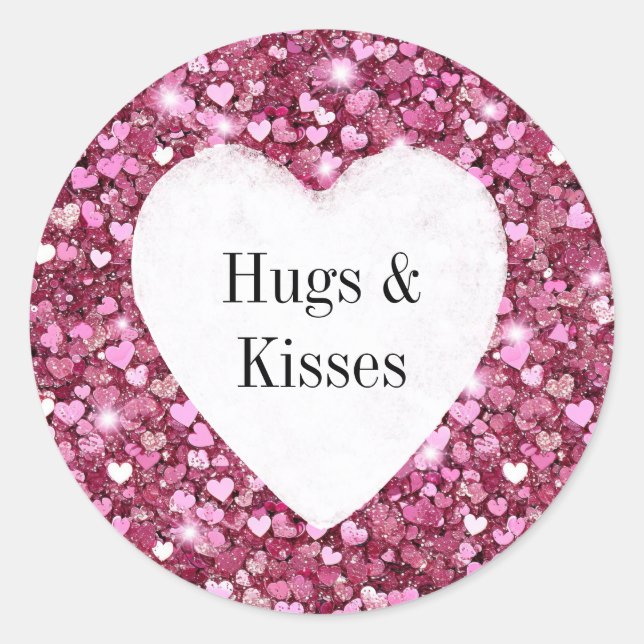 Girly Pink Glitzer Hearts Hugs Runder Aufkleber (Vorderseite)