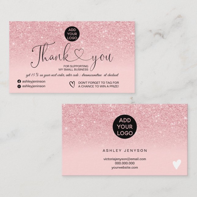Girly pink Glitzer Logo rot Rosa Reihenfolge Danke Visitenkarte (Vorne/Hinten)