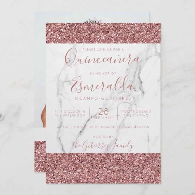 Girly Pink Glitzer Marble Quinceanera Foto Einladung (Vorne/Hinten)