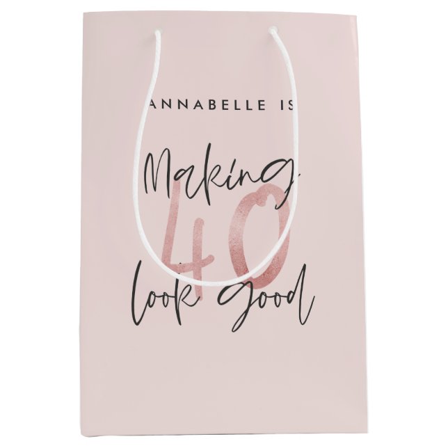 Girly pink Glitzer Moderner, stilvoller 40. Geburt Mittlere Geschenktüte (Vorderseite)