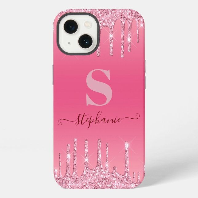 Girly Pink Glitzer Monogramm iPhone Hülle (Rückseite)