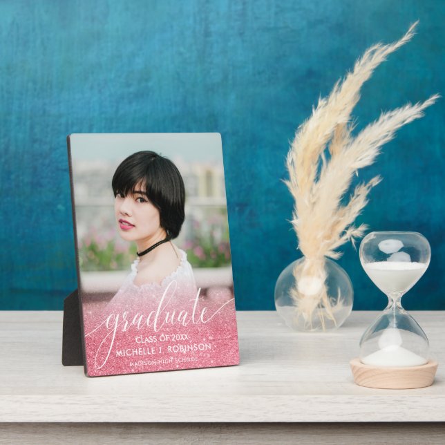 Girly Pink Glitzer Ombre Girly Foto Abschluss Fotoplatte (Seite)