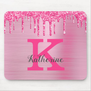 Girly Pink Glitzer Tropfen Chic Glam Monogram Name Mousepad