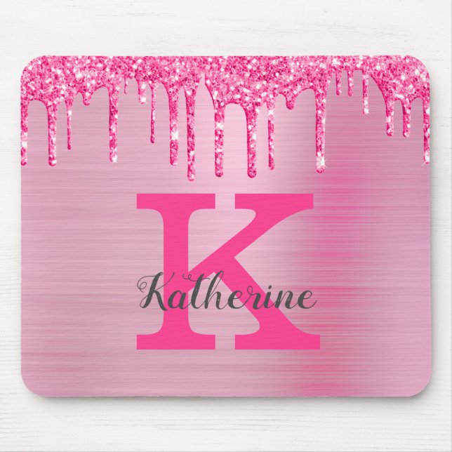 Girly Pink Glitzer Tropfen Chic Glam Monogram Name Mousepad (Vorne)