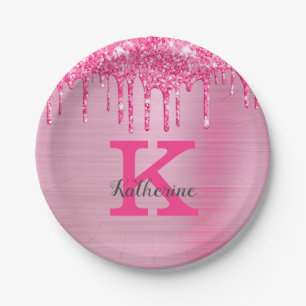 Girly Pink Glitzer Tropfen Chic Glam Monogram Name Pappteller