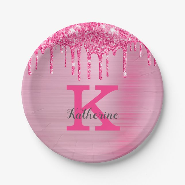 Girly Pink Glitzer Tropfen Chic Glam Monogram Name Pappteller (Vorderseite)