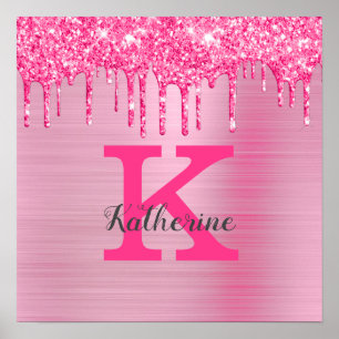 Girly Pink Glitzer Tropfen Chic Glam Monogram Name Poster
