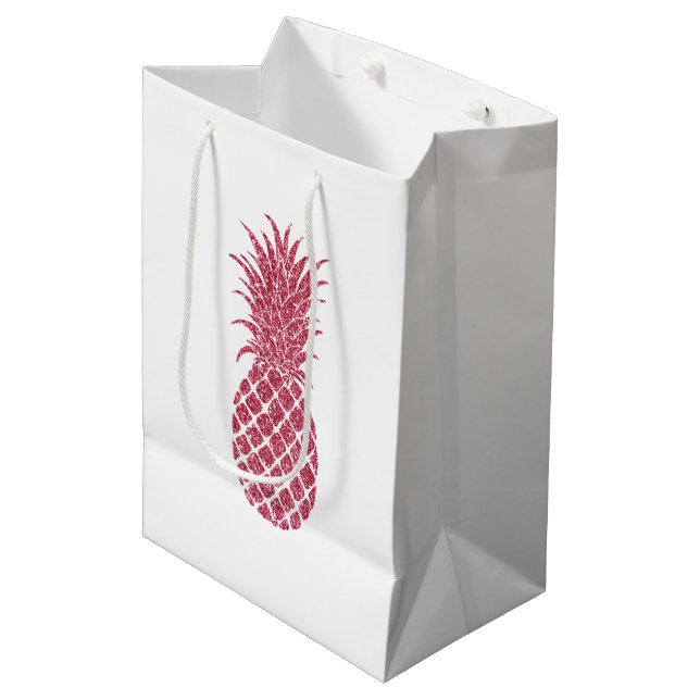 Girly Pink Glitzer Tropischer Ananas Mittlere Geschenktüte (Vorderseite Schrägansicht)