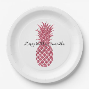 Girly Pink Glitzer Tropischer Ananas Pappteller