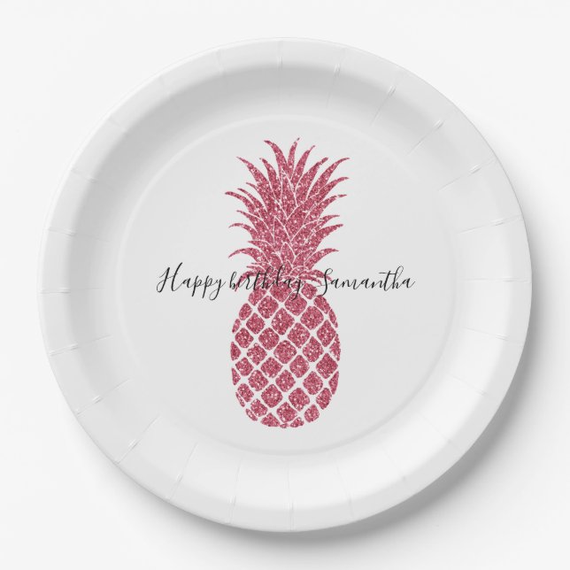 Girly Pink Glitzer Tropischer Ananas Pappteller (Vorderseite)