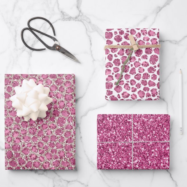 Girly Pink Glitzy Glam Glitzer Leopard Print Geschenkpapier Set (Vorderseite)
