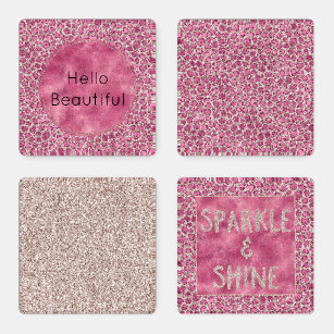Girly Pink Glitzy Glam Glitzer Leopard Print    Untersetzer Set