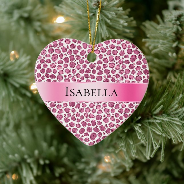 Girly Pink Glitzy Leopard Personalisiert Name Keramik Ornament (Baum)