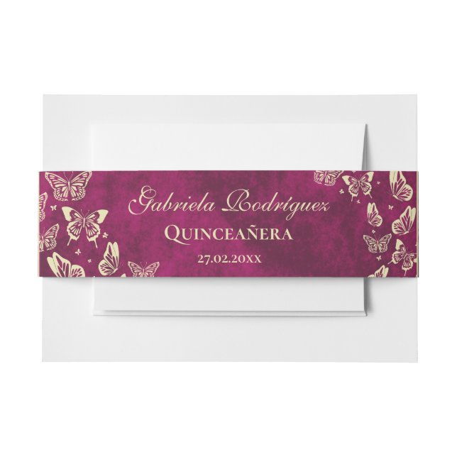 Girly Pink Gold Butterfly 15 Jahre alt Quinceañera Einladungsbanderole (Vorderseite Beispiel)