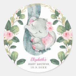 Girly Pink Gold Floral Baby Elefantengrün Runder Aufkleber