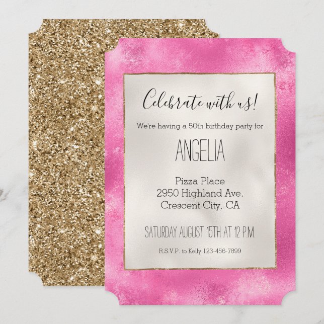 Girly Pink Gold Glitzer Einladung (Vorne/Hinten)