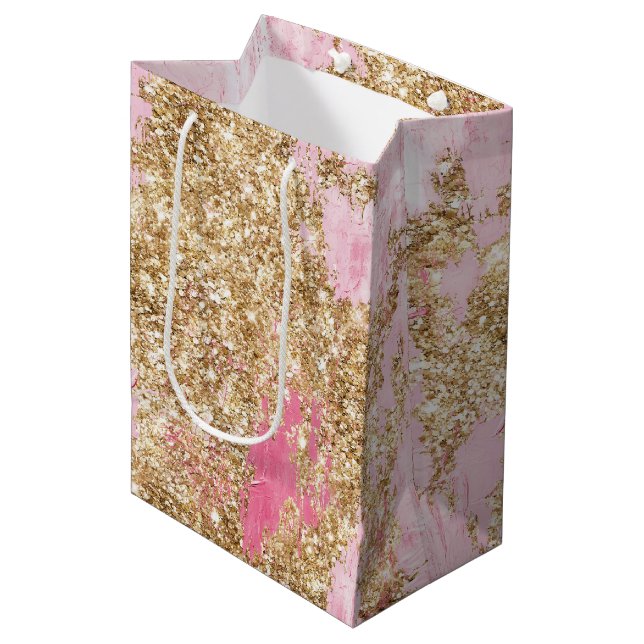 Girly Pink Gold Glitzer Geburtstag Mittlere Geschenktüte (Vorderseite Schrägansicht)