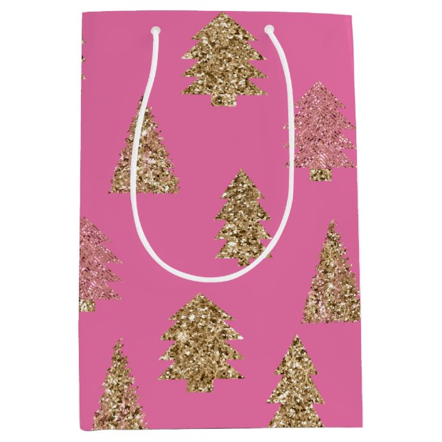 Girly Pink Gold Glitzer Glam Weihnachtsbaumen Mittlere Geschenktüte (Vorderseite)