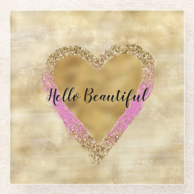 Girly Pink Gold Glitzer Herz Glasuntersetzer (Vorderseite)