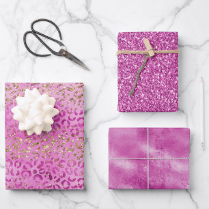 Girly Pink Gold Glitzer Leopard Print Glitz Geschenkpapier Set