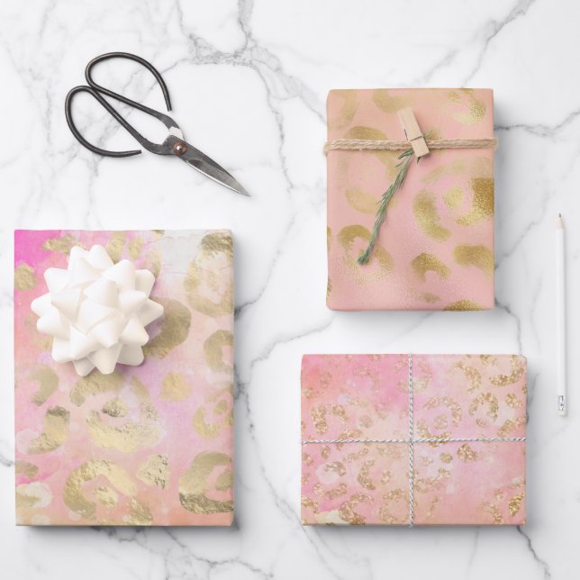 Girly Pink Gold Glitzer Leopard Prints Geschenkpapier Set (Vorderseite)
