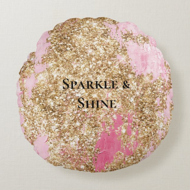 Girly Pink Gold Glitzer Rundes Kissen (Vorderseite)