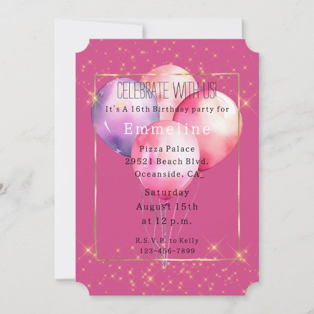 Girly Pink Gold Glitzern Balloons Einladung (Vorderseite)