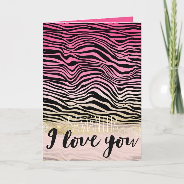 Girly Pink Gold Ombre Watercolor Black Zebra Liebe Karte (Vorderseite)