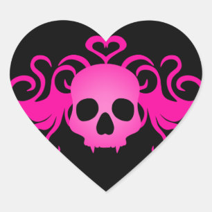 Girly pink goth zähe Vampir-Schädel auf schwarz Herz-Aufkleber