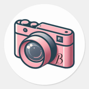 Girly Pink & Gray Camera Fotografie Personalisiert Runder Aufkleber