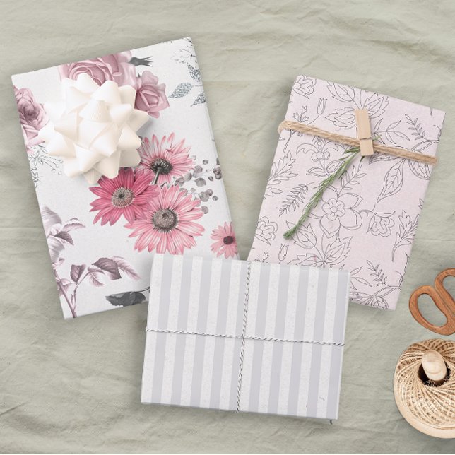 Girly Pink Gray Floral Pastel Geschenkpapier Set (Von Creator hochgeladen)
