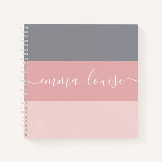 Girly Pink Gray Stripe Handschrift Name Notizbuch (Vorderseite)