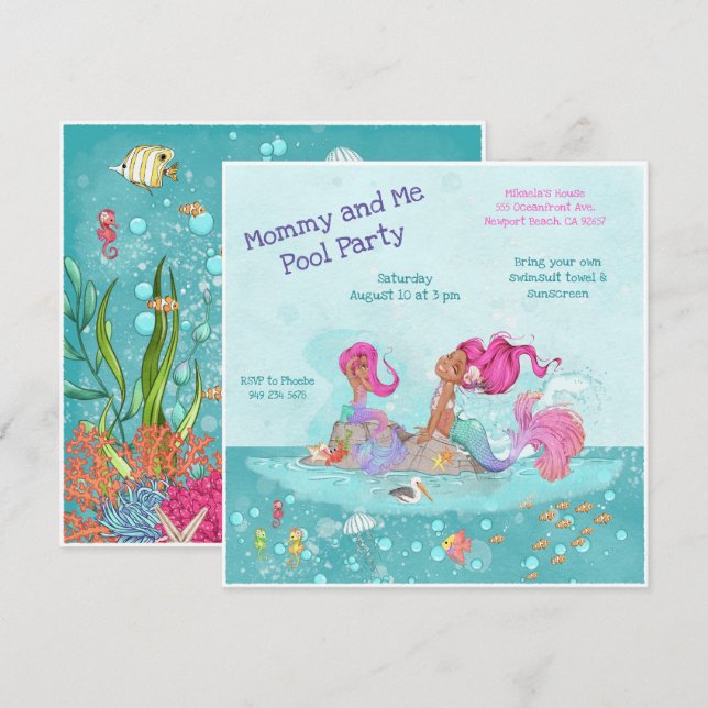 Girly Pink Hair Mermaid Mommy & Me Pool Party Einladung (Vorne/Hinten)