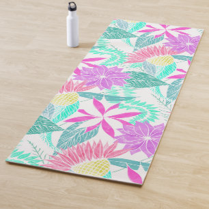 Girly Pink Lila Aquamarin Watercolor Blume Blätte Yogamatte