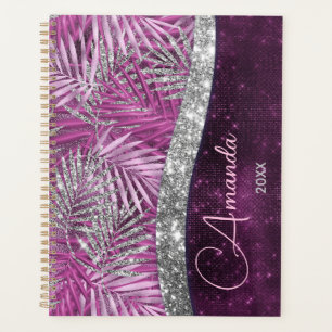 Girly pink lila silber Glitzer Blätter monogramm Planer