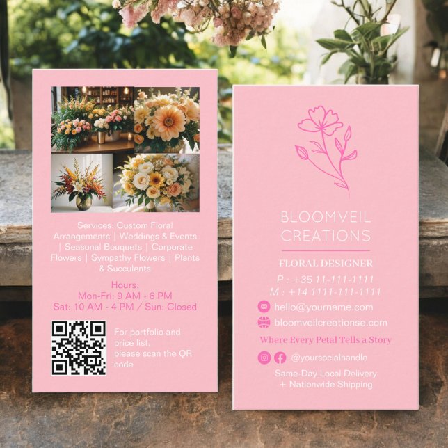 Girly-pink-minimalistisch-floristische Fotos qr Visitenkarte (Girly pink minimalist florist photos qr code business card)