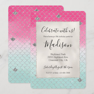 Girly Pink Mint Silver Glitzer Meerjungfrau Einladung