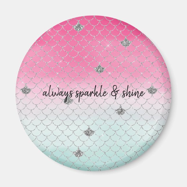 Girly Pink Mint Silver Glitzer Meerjungfrau Magnet (Vorne)